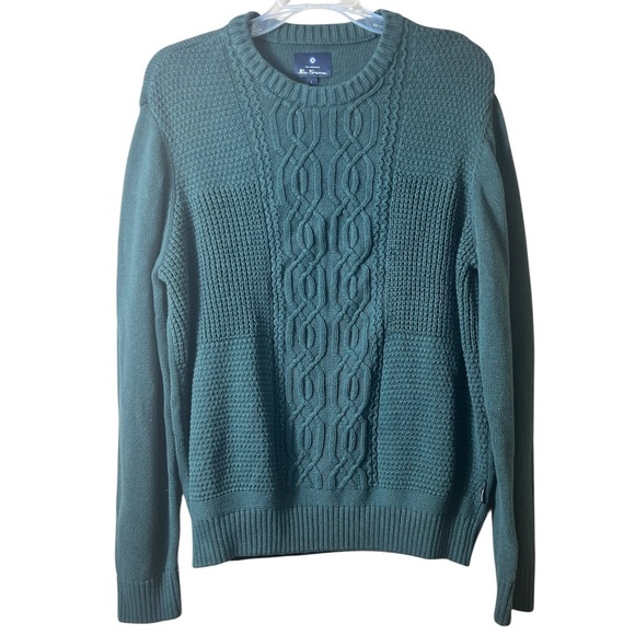 Ben Sherman Green Cable Knit Crewneck Cotton Sweater Size Large Fisherman - Picture 1 of 6